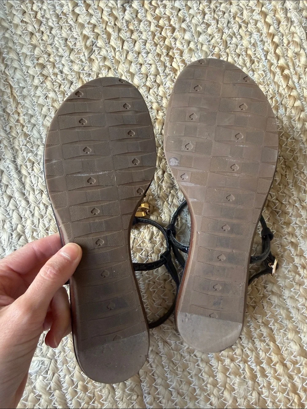 Kate Spade Black Leather Gold Bow T-Strap Sandals